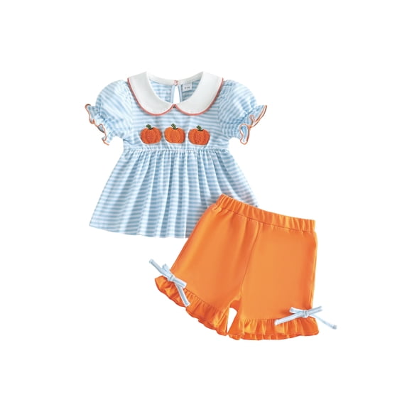 RUINIXCW Toddler Baby Girl Halloween Outfit Infant Baby Girls Summer Fall Clothes Pumpkin Embroidery Short Sleeve Doll Collar Striped Babydoll Shirt Tops and Shorts Set