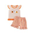 thumbnail image 1 of RUINIXCW Toddler Baby Girl Halloween Outfit Infant Baby Girls Summer Fall Clothes Pumpkin Ghost Embroidery Flying Sleeve T Shirt Tops and Plaid Shorts 2Pcs Set, 1 of 9