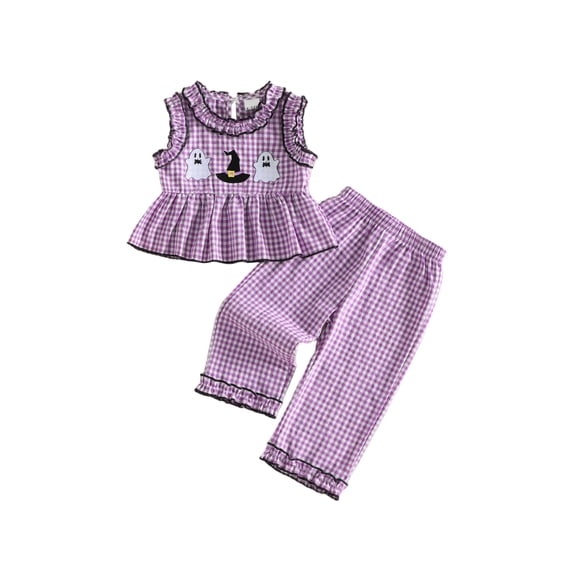 RUINIXCW Toddler Baby Girl Halloween Outfit Infant Baby Girls Summer Fall Clothes Pumpkin Ghost Ruffled Sleeveless Plaid Babydoll Shirt Tops and Pants Set