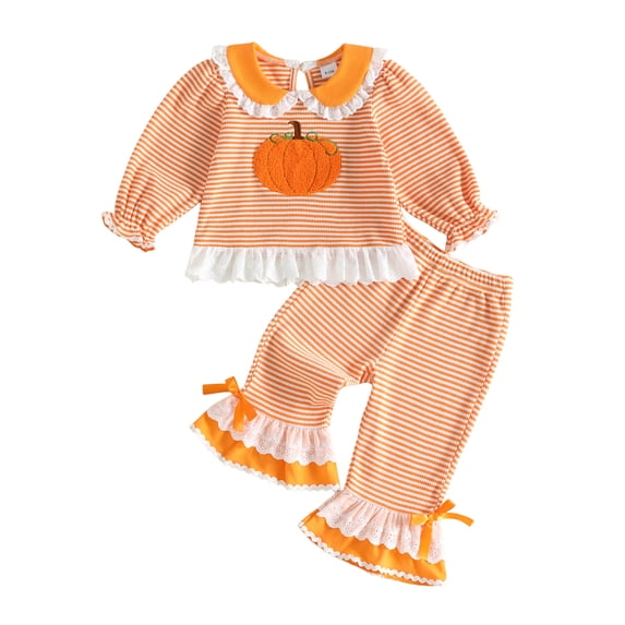 RUINIXCW Toddler Baby Girl Halloween Outfit Infant Girl Fall Winter Clothes Striped Pumpkin Penter Pan Collar Long Sleeve Shirt Tops Flare Pants Set