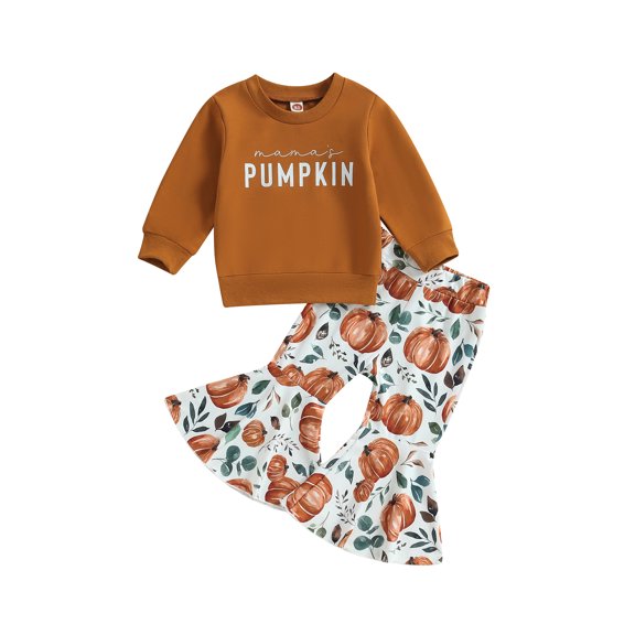 RUINIXCW Toddler Baby Girl Halloween Outfit Infant Girls Fall Winter Clothes Mama's Pumpkin Print Long Sleeve Sweatshirt Bell Bottom Flare Pants Set