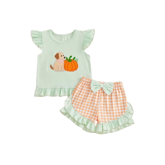 RUINIXCW Toddler Baby Girl Halloween Outfit Little Baby Girls Summer Fall Clothes Ghost Pumpkin Embroidered Flying Sleeve Ruffled Hem Shirt Tops and Plaid Shorts 2 Piece Set