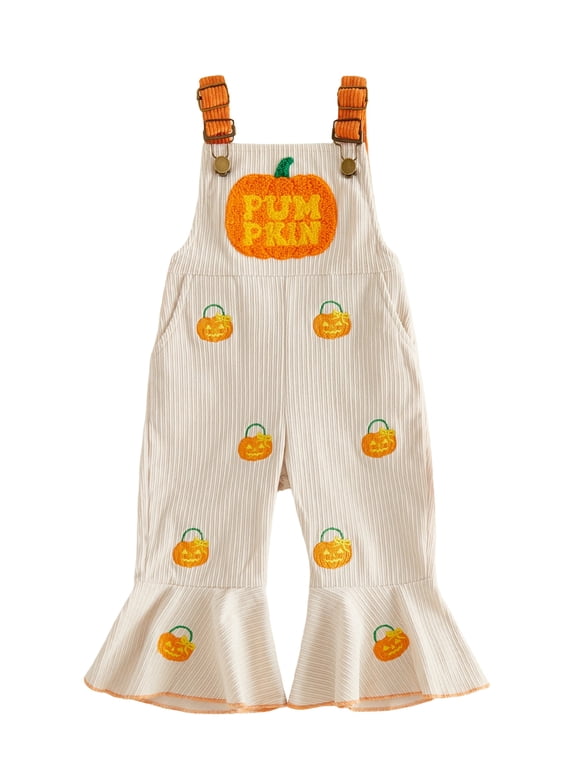Toddler Baby Girl Halloween Outfit Romper Overalls Infant Baby Girl Fall Winter Clothes Ghost Pumpkin Sleeveless Ribbed Bell Bottom Jumpsuit Overalls