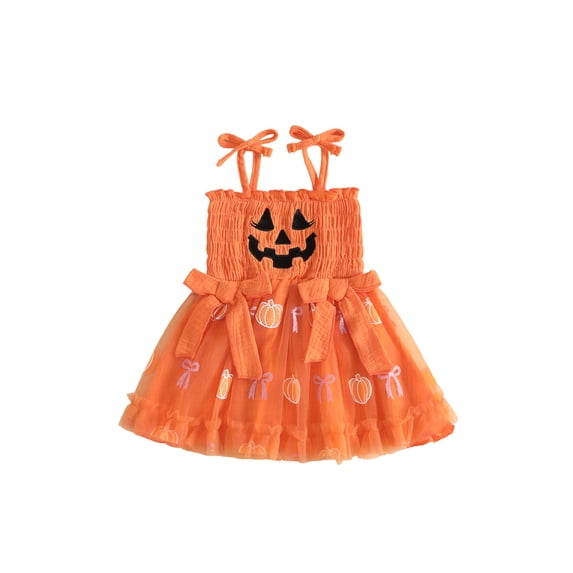 RUINIXCW Toddler Baby Girl Halloween Pumpkin Tutu Dress Outfit Infant Girls Summer Fall Clothes Sleeveless Tie-up Bow Tulle Patchwork Smocked Dress