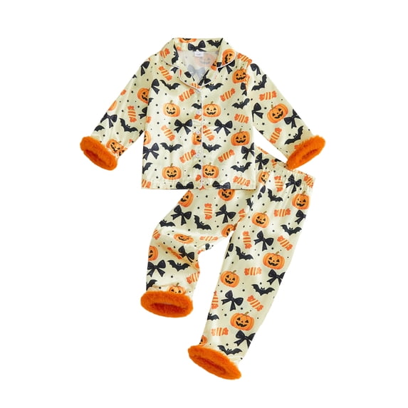 RUINIXCW Toddler Baby Girl Halloween Silk Stain Pajamas Set Kids Fall Sleepwear Ghost Pumpkin Fur Cuffs Long Sleeve Button Down Shirt and Pants Set Homewear Loungewear 1-6 Years