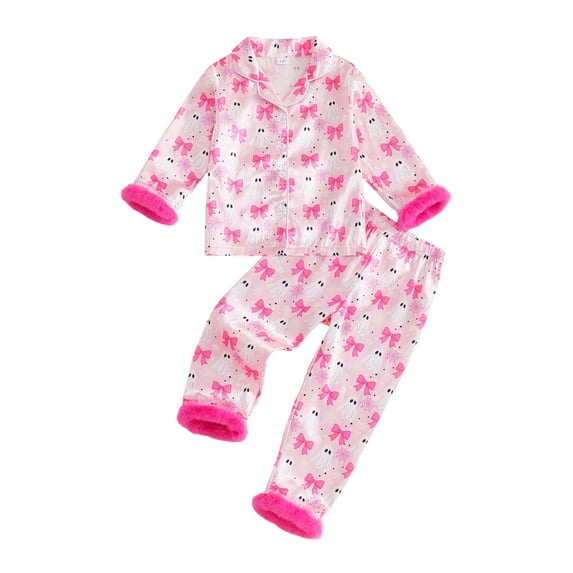 RUINIXCW Toddler Baby Girl Halloween Silk Stain Pajamas Set Kids Fall Sleepwear Ghost Pumpkin Fur Cuffs Long Sleeve Button Down Shirt and Pants Set Homewear Loungewear 1-6 Years