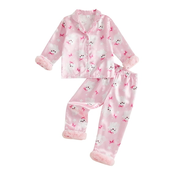 RUINIXCW Toddler Baby Girl Halloween Silk Stain Pajamas Set Kids Fall Winter PJS Set Sleepwear Ghost Bow Print Fuzzy Cuffs Long Sleeve Button Down Shirt and Pants Set Loungewear Homewear 1-7Years