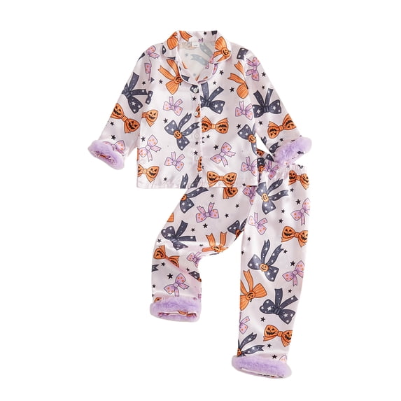 RUINIXCW Toddler Baby Girl Halloween Silk Stain Pajamas Set Kids Fall Winter PJS Set Sleepwear Ghost Bow Print Fuzzy Cuffs Long Sleeve Button Down Shirt and Pants Set Loungewear Homewear 1-7Years