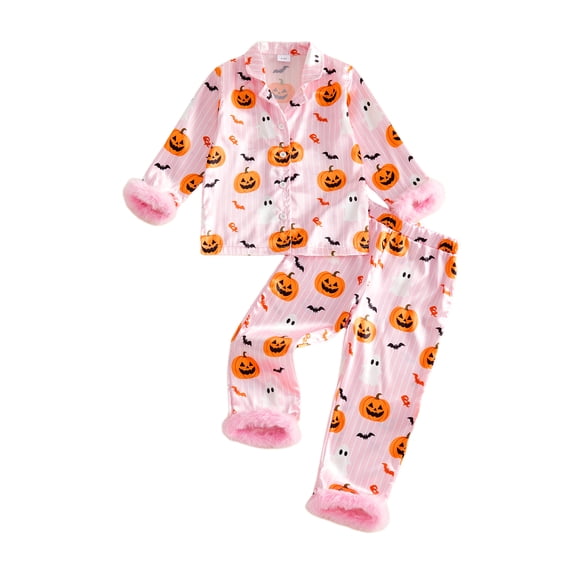 RUINIXCW Toddler Baby Girl Halloween Silk Stain Pajamas Set Kids Little Girl Fall Winter PJS Set Sleepwear Pumpkin Bat Fuzzy Trim Long Sleeve Button Down Shirt and Pants Set Loungewear Homewear