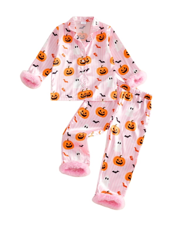 Toddler Baby Girl Halloween Silk Stain Pajamas Set Kids Little Girl Fall Winter PJS Set Sleepwear Pumpkin Bat Fuzzy Trim Long Sleeve Button Down Shirt and Pants Set Loungewear Homewear