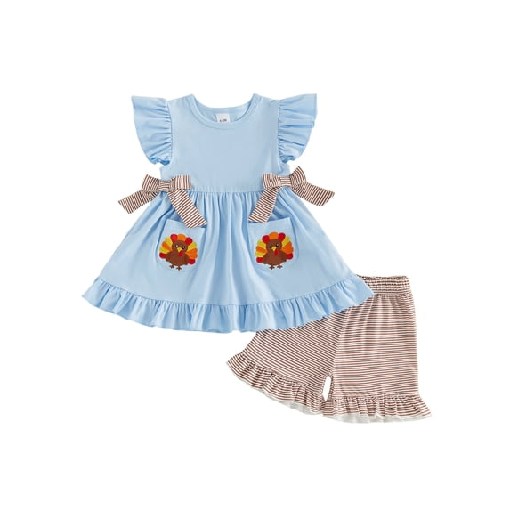 RUINIXCW Toddler Baby Girl Halloween Thanksgiving Outfit Infant Baby Girls Summer Fall Clothes Turkey Pumpkin Flying Sleeve Babydoll Shirt Tops and Shorts Set