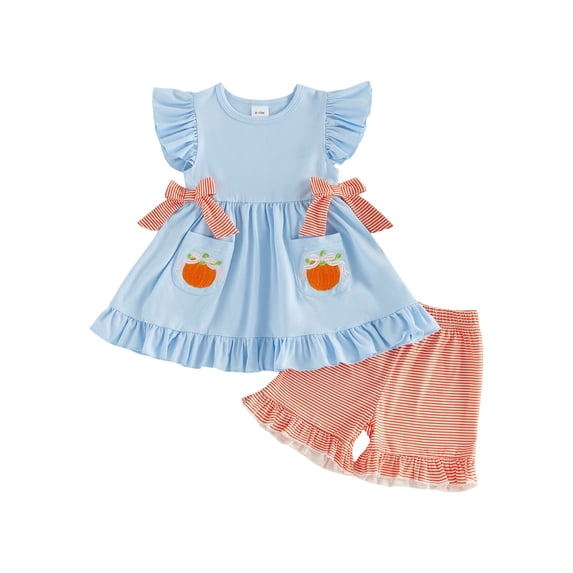 RUINIXCW Toddler Baby Girl Halloween Thanksgiving Outfit Infant Baby Girls Summer Fall Clothes Turkey Pumpkin Flying Sleeve Babydoll Shirt Tops and Shorts Set