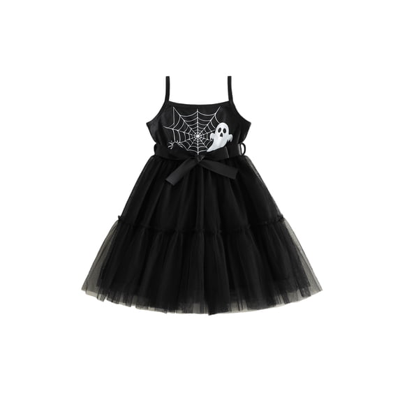 RUINIXCW Toddler Baby Girl Halloween Tulle Dress Outfit Little Girl Big Girl Fall Winter Gothic Dress Ghost Cobweb Print Sleeveless Holiday Party Dress with Belt 3-10Y