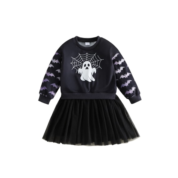 RUINIXCW Toddler Baby Girl Halloween Tutu Dress Outfit Kids Little Girl Fall Winter Dress Ghost Spider Web Print Long Sleeve Patchwork Tulle Dress