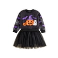 thumbnail image 1 of RUINIXCW Toddler Baby Girl Halloween Tutu Dress Outfit Kids Little Girl Fall Winter Dress Pumpkin Ghost Bat Print Long Sleeve Patchwork Tulle Dress, 1 of 9
