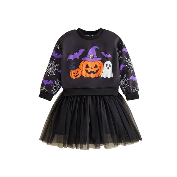 RUINIXCW Toddler Baby Girl Halloween Tutu Dress Outfit Kids Little Girl Fall Winter Dress Pumpkin Ghost Bat Print Long Sleeve Patchwork Tulle Dress
