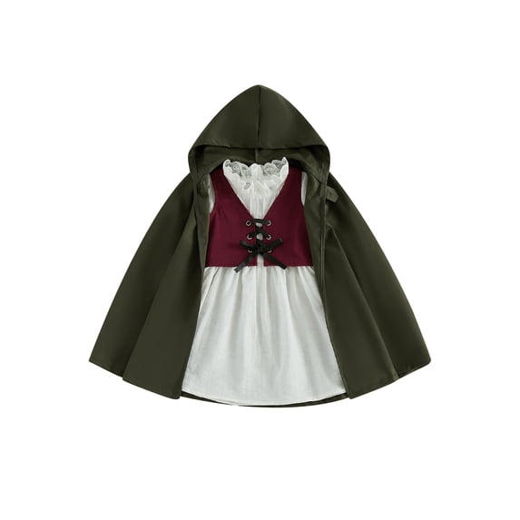 RUINIXCW Toddler Baby Girl Renaissance Outfit Costume Kids Halloween Medieval Costume Little Girls Vintage Medieval Retro Long Sleeve Lace Trim Dress with Vest Hooded Cloak Set