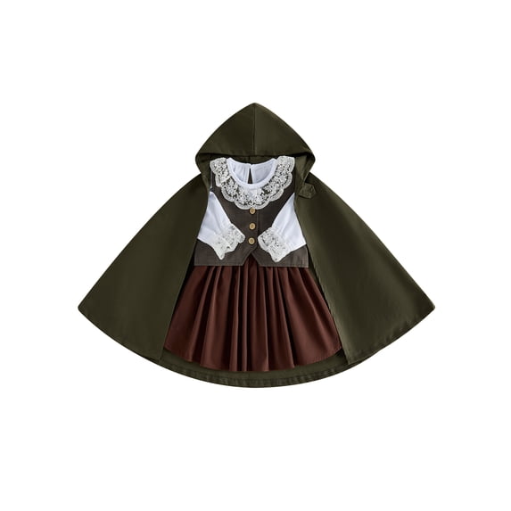 RUINIXCW Toddler Baby Girl Renaissance Outfit Costume Kids Halloween Medieval Costume Green Hooded Cloak Brown Vest and White Tops Skirt 4 Piece Set