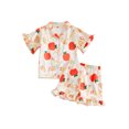 thumbnail image 1 of RUINIXCW Toddler Baby Girl Silk Satin Back to School Pajamas Set Kids Summer PJS Set Sleepwear Apple Pencil Printed Short Sleeve Button Down Shirt and Ruffle Shorts Set Homewear Loungewear 1-7 Years, 1 of 9