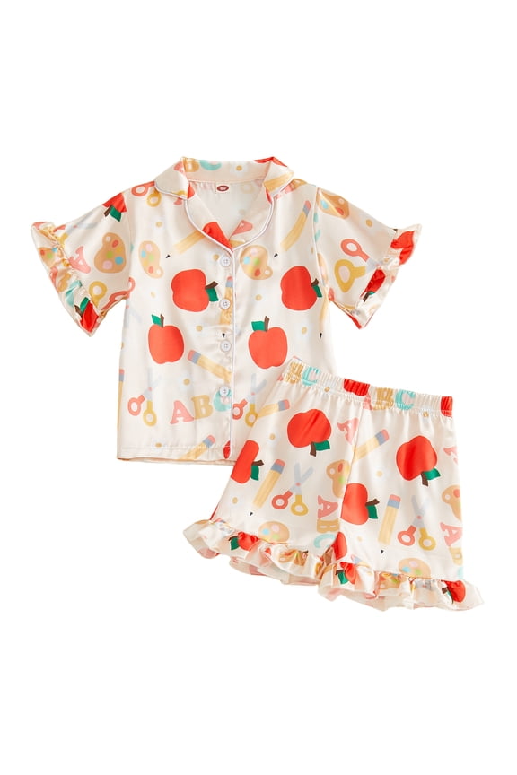 Toddler Baby Girl Silk Satin Back to School Pajamas Set Kids Summer PJS Set Sleepwear Apple Pencil Printed Short Sleeve Button Down Shirt and Ruffle Shorts Set Homewear Loungewear 1-7 Years
