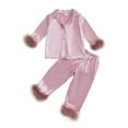 thumbnail image 1 of RUINIXCW Toddler Baby Girl Silk Satin Pajama Set Kids Spring Fall Winter PJS Set Sleepwear Fuzzy Trim Long Sleeve Button Down Shirt and Pants Set Loungwear Homewear, 1 of 9