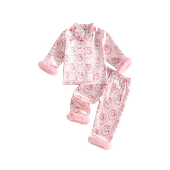 RUINIXCW Toddler Baby Girl Silk Stain Christmas Pajamas Set Kids Little Girl Fall Winter Xmas PJS Set Sleepwear Fuzzy Trim Long Sleeve Button Down Shirt and Pants Set Loungewear Homewear