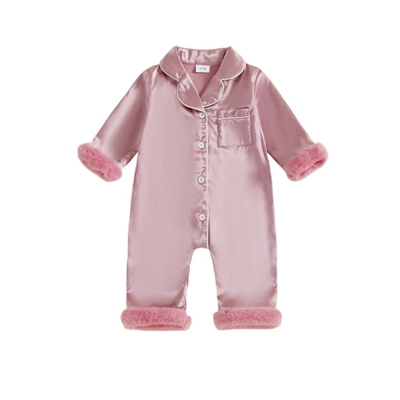 RUINIXCW Toddler Baby Girl Silk Stain Pajamas Newborn Infant Baby Girls Romper One Piece Spring Fall Sleepwear Lapel V Neck Fuzzy Trim Long Sleeve Button Up Jumpsuit Homewear