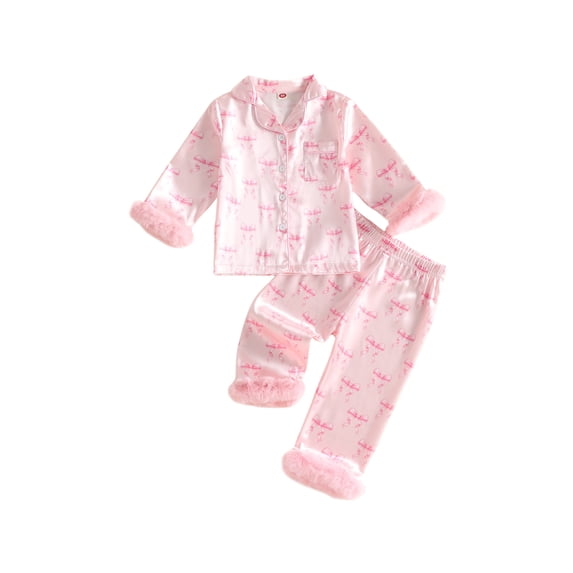 RUINIXCW Toddler Baby Girl Silk Stain Pajamas Set Kids Little Girl Spring Fall Winter PJS Set Sleepwear Pink Bow Fuzzy Trim Long Sleeve Button Down Shirt and Pants Set Loungewear Homewear