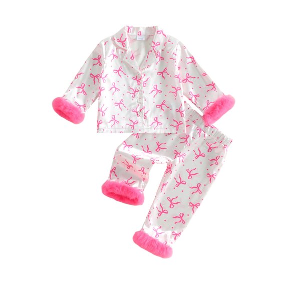 RUINIXCW Toddler Baby Girl Silk Stian Pajamas Set Kids Spring Fall PJS Sleepwear Bow Dots Plush Cuff Button Down Long Sleeve Shirt Top and Pants Set