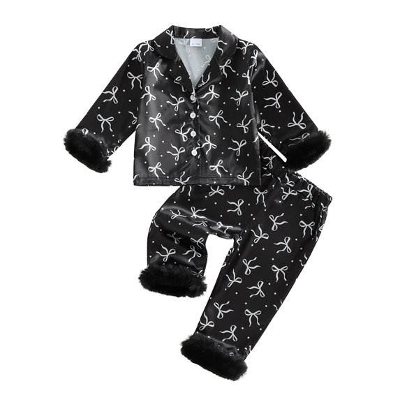 RUINIXCW Toddler Baby Girl Silk Stian Pajamas Set Kids Spring Fall PJS Sleepwear Bow Dots Plush Cuff Button Down Long Sleeve Shirt Top and Pants Set