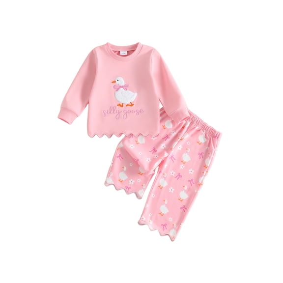 RUINIXCW Toddler Baby Girl Silly Goose Outfit Infant Girl Spring Fall Winter Clothes Goose Embroidery Long Sleeve Sweatshirt Scallop Trim Pants Set