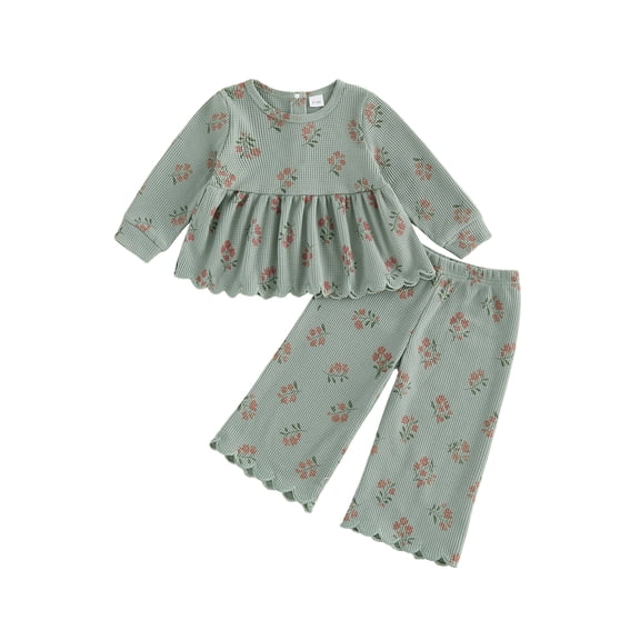 RUINIXCW Toddler Baby Girl Spring Fall Outfit Little Girls Clothes Scalloped Trim Floral Print Long Sleeve Babydoll Shirt Tops Wide Legs Pants Set