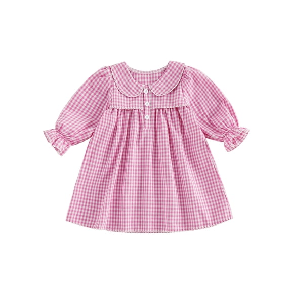 RUINIXCW Toddler Baby Girl Spring Fall Plaid Gingham Dress 6 12 18 24 Months 2 3 4 Years Sweet Doll Collar Long Sleeve Button Front A-line Dress