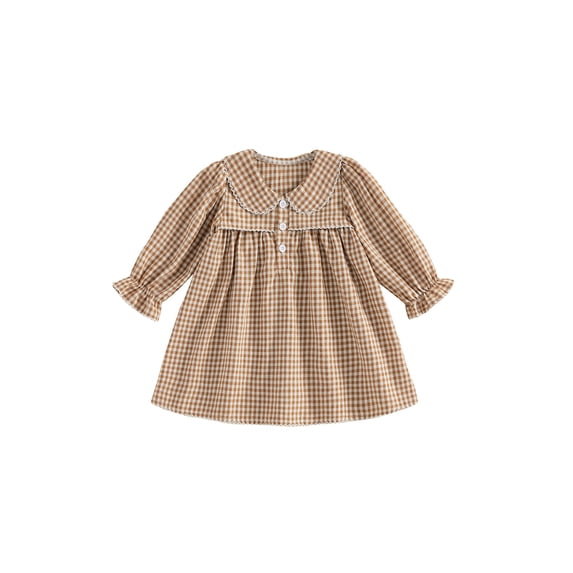 RUINIXCW Toddler Baby Girl Spring Fall Plaid Gingham Dress 6 12 18 24 Months 2 3 4 Years Sweet Doll Collar Long Sleeve Button Front A-line Dress