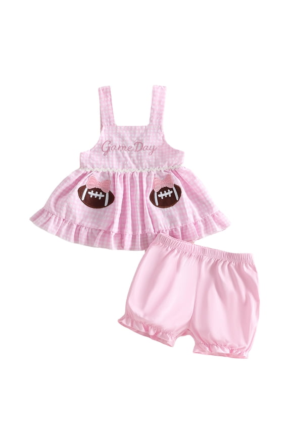 Toddler Baby Girl Summer Clothes Infant Baby Girl Football Game Day Outfit Rugby Embroidery Plaid Ruffle Babydoll Shirt Tops with Shorts 2Pcs Set