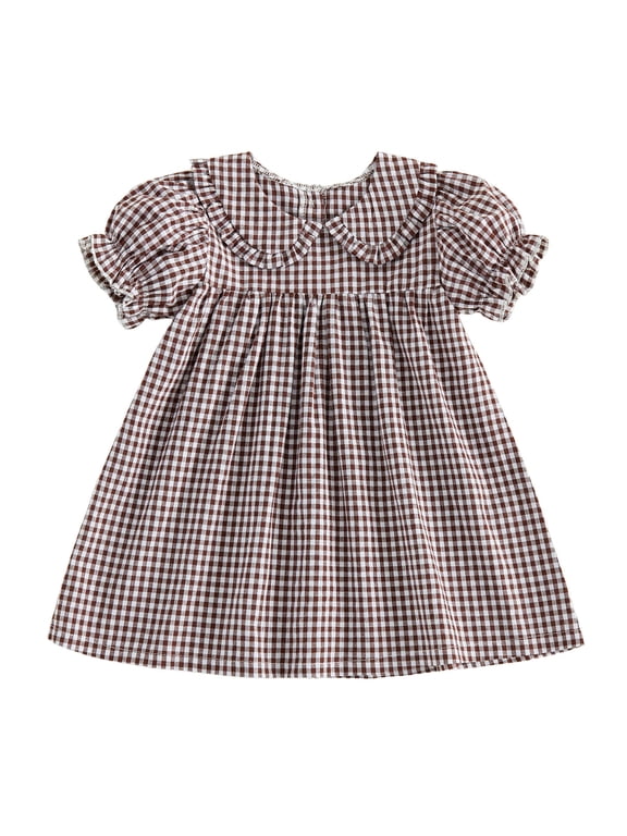 Toddler Baby Girl Summer Gingham Plaid Dress Cute Puff Short Sleeve Doll Collar Ruffled Casual A-line Dress Clothes 6 Months to 4 Years