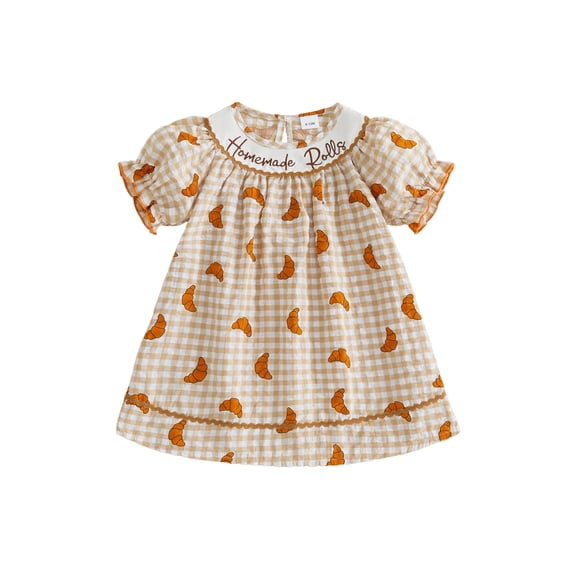 RUINIXCW Toddler Baby Girl Thanksgiving Dress Outfit Kids Little Baby Girl Fall Winter Plaid Gingham Dress Homemade Rolls Croissant Print Short Sleeve Casual Dress