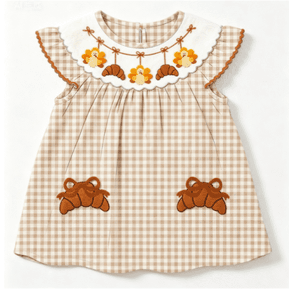 RUINIXCW Toddler Baby Girl Thanksgiving Dress Outfit Little Girls Fall Clothes Turcky Croissant Embroidery Flying Sleeve A Line Gingham Plaid Dress