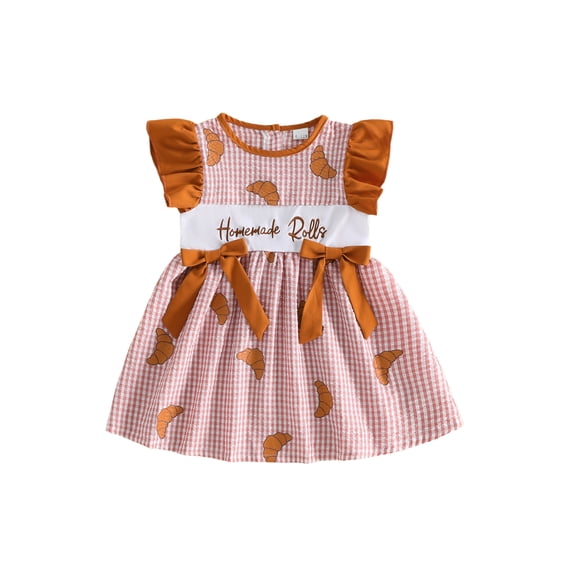 RUINIXCW Toddler Baby Girl Thanksgiving Dress Outfit Summer Fall Plaid Dress Clothes Homemade Rolls Letter Embroidery Flying Sleeve Casual Holiday Dress