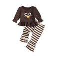 thumbnail image 1 of RUINIXCW Toddler Baby Girl Thanksgiving Halloween Outfit Infant Baby Girls Fall Clothes Turkey Ghost Embroidery Long Sleeve Ruffled Shirt Tops and Striped Bell Bottoms 2 Pcs Set, 1 of 9
