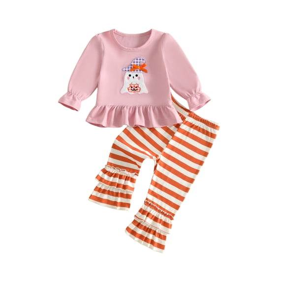 RUINIXCW Toddler Baby Girl Thanksgiving Halloween Outfit Infant Baby Girls Fall Clothes Turkey Ghost Embroidery Long Sleeve Ruffled Shirt Tops and Striped Bell Bottoms 2 Pcs Set