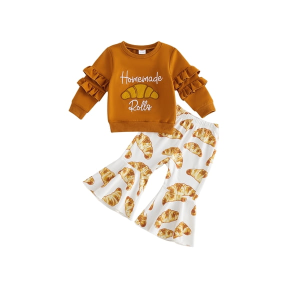 RUINIXCW Toddler Baby Girl Thanksgiving Outfit Infant Girls Fall Winter Clothes Homemade Rolls Ruffled Long Sleeve Sweatshirt and Flare Pants Set