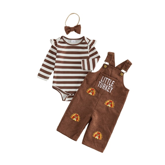 RUINIXCW Toddler Baby Girl Thanksgiving Outfit Infant Girls Fall Winter Clothes Long Sleeve Romper Turkey Rolls Corduroy Jumpsuit Overalls Headband Set