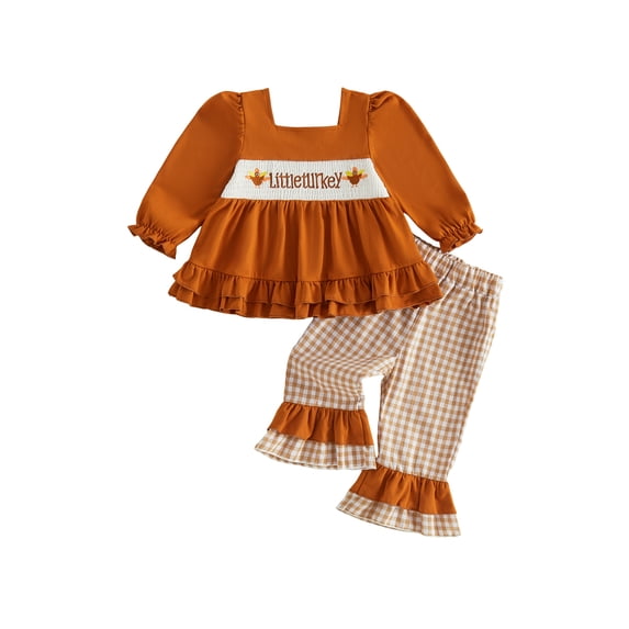 RUINIXCW Toddler Baby Girl Thanksgiving Outfit Infant Girls Fall Winter Clothes Turcky Long Sleeve Babydoll Shirts Bell Bottoms Flare Pants 2Pcs Set