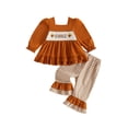 thumbnail image 1 of RUINIXCW Toddler Baby Girl Thanksgiving Outfit Infant Girls Fall Winter Clothes Turcky Long Sleeve Babydoll Shirts Bell Bottoms Flare Pants 2Pcs Set, 1 of 10