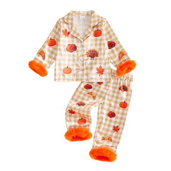 RUINIXCW Toddler Baby Girl Thanksgiving Silk Satin Pajama Set Girls PJS Fall Winter Sleepwear Turcky Pumpkin Button Down Long Sleeve Shirt Pants Set