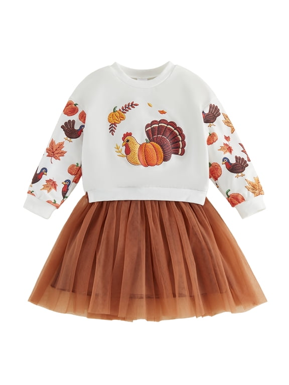 Toddler Baby Girl Thanksgiving Tutu Dress Outfit Kids Little Girl Fall Winter Dress Turkey Pumpkin Print Long Sleeve Patchwork Tulle Dress