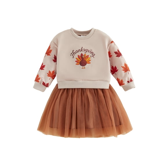 RUINIXCW Toddler Baby Girl Thanksgiving Tutu Dress Outfit Kids Little Girl Fall Winter Dress Turkey Pumpkin Print Long Sleeve Patchwork Tulle Dress
