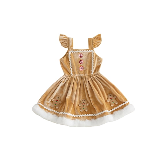RUINIXCW Toddler Baby Girl Velvet Christmas Dress Kids Santa Gingerbread Christmas Outfit Infant Baby Girl Fall Winter Plush Trim Flying Sleeve Xmas Dress