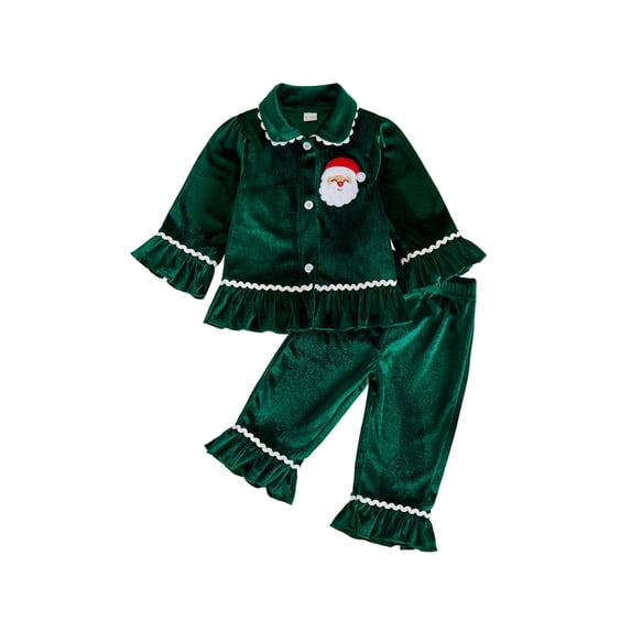 RUINIXCW Toddler Baby Girl Velvet Christmas Pajama Set Infant Girl Fall Winter Sleepwear Santa Button Down Long Sleeve Top Flare Pants Set Loungewear